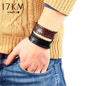 17KM 2017 New Fashion Vintage Men Bracelet Punk jewelry Wholesale Wide leather strap with Button Bracelet Bangle for Men