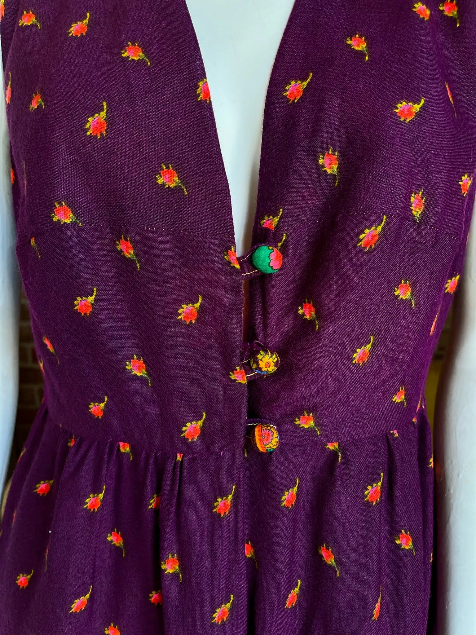 1970s Purple Roses Maxi Dress