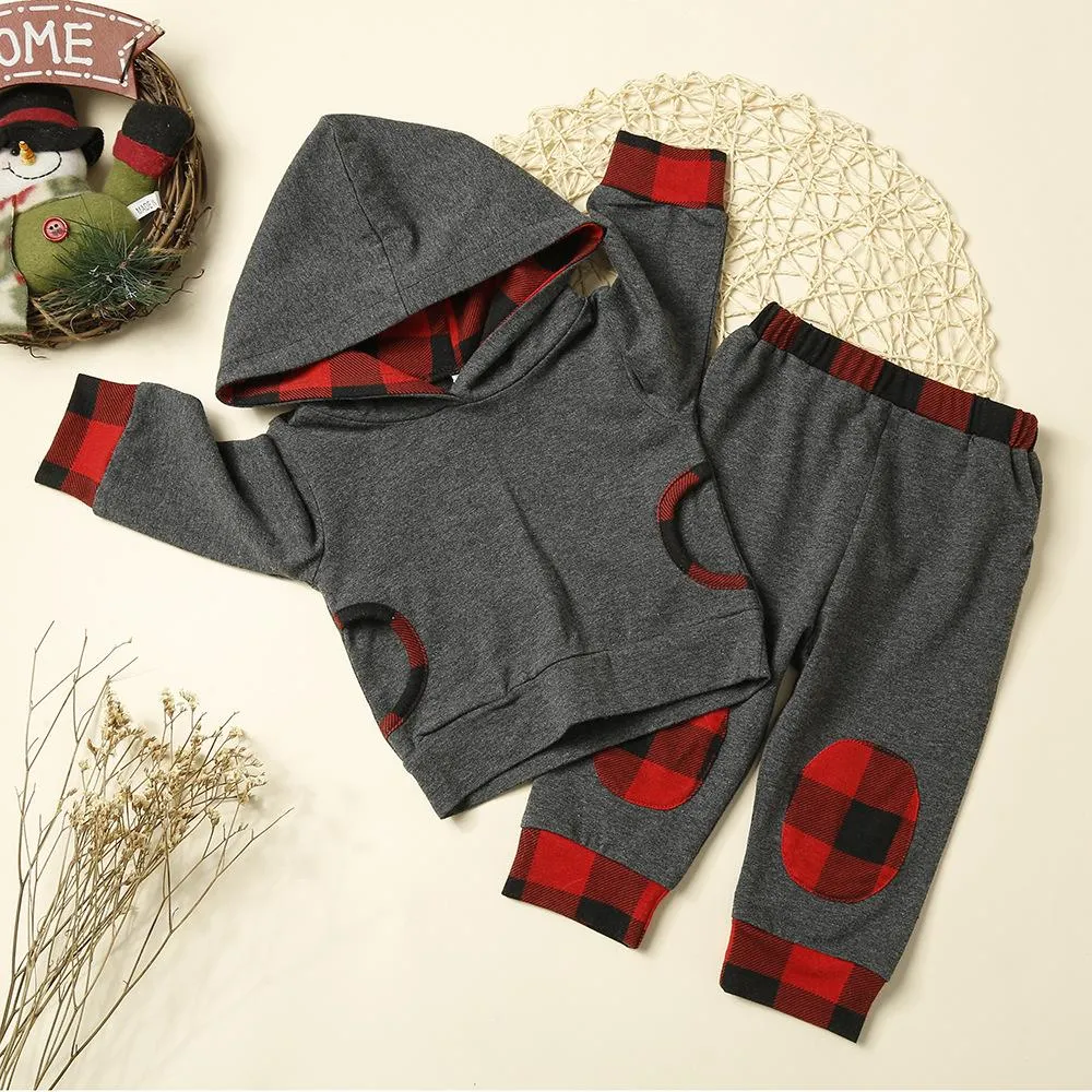 2-Piece Baby Clothes Outfits Set Long-sleeved Hoodie   Checked Pants