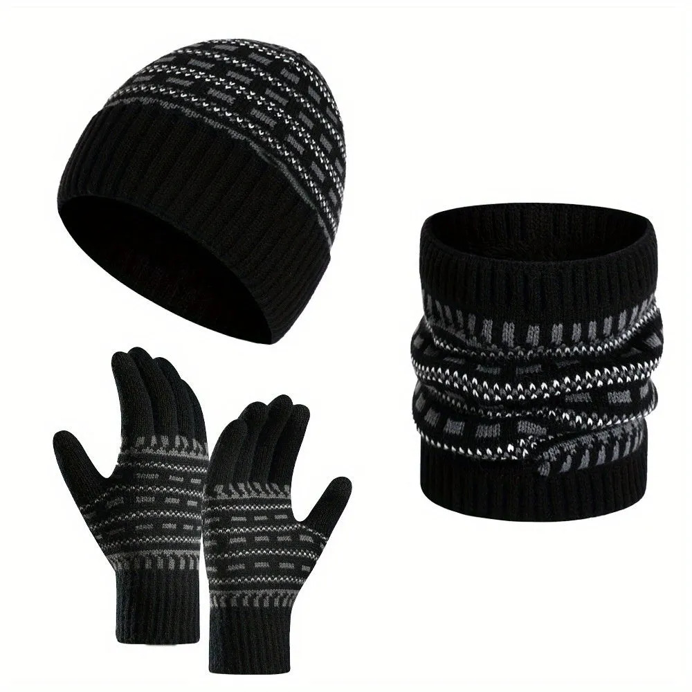 2pcs 1pair Men's Warm Hat Knitted Thickened Adult Hat & Scarf & Gloves Set For Autumn And Winter, Ideal choice for Gifts