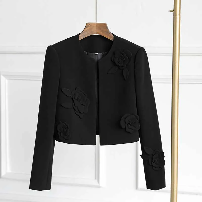 3D Flower Embellishd Cardigan Black Double Crepe Jacket Short Coat