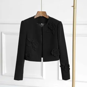 3D Flower Embellishd Cardigan Black Double Crepe Jacket Short Coat