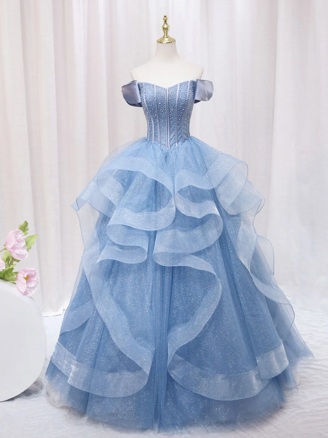 A-Line Blue Tulle Long Prom Dress, Blue Sweet 16 Dress