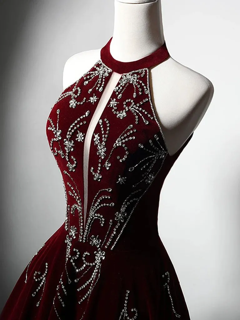 A-Line Velvet Sequin Beads Burgundy Long Prom Dress, Burgundy Long Formal Dress