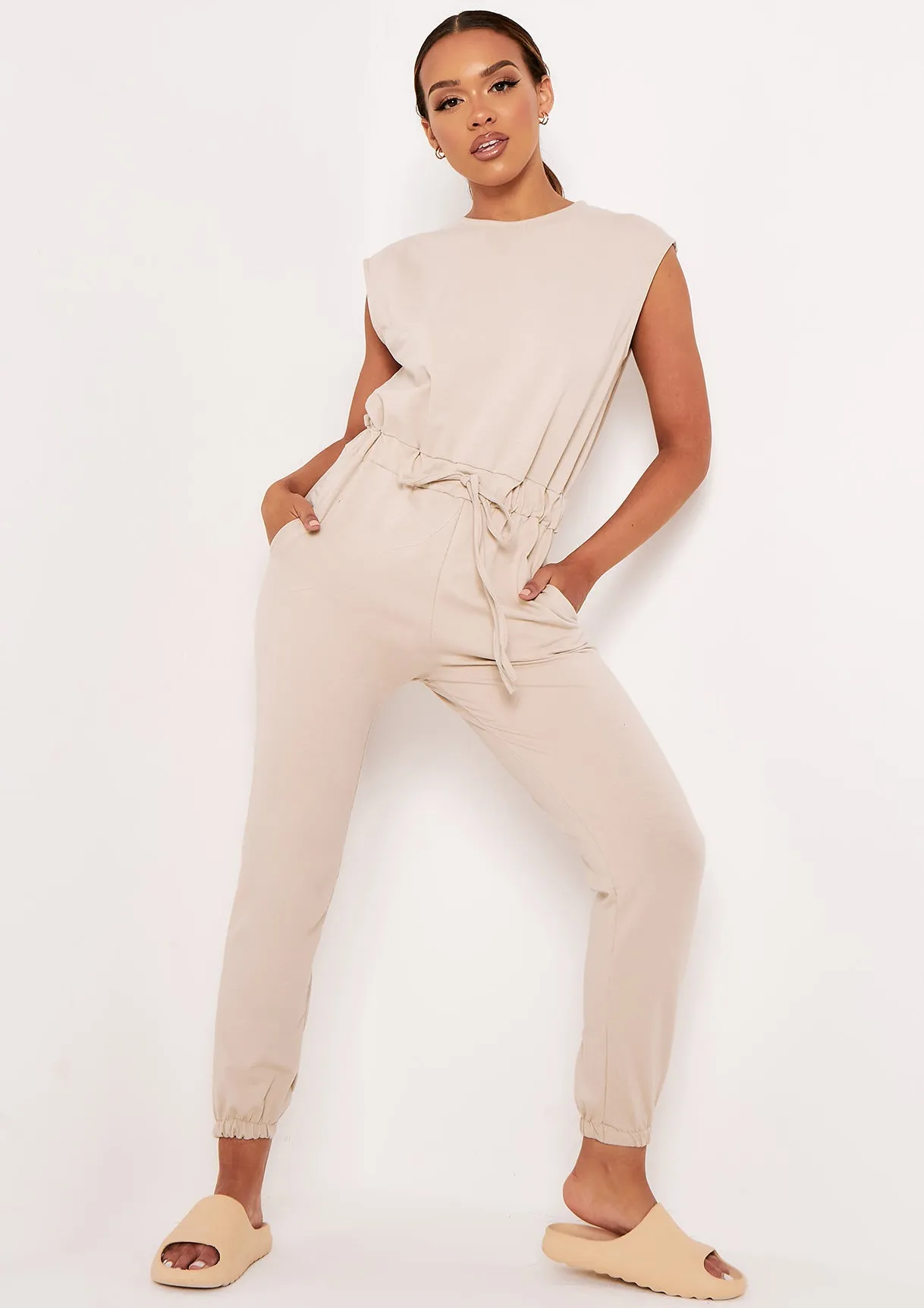 Abbi Beige Sleeveless Cinched Waist Jumpsuit