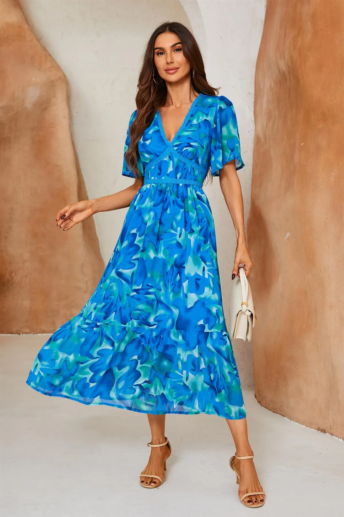 Abstract Floral Print Lace Detail Angel Sleeve Maxi Dress In Blue