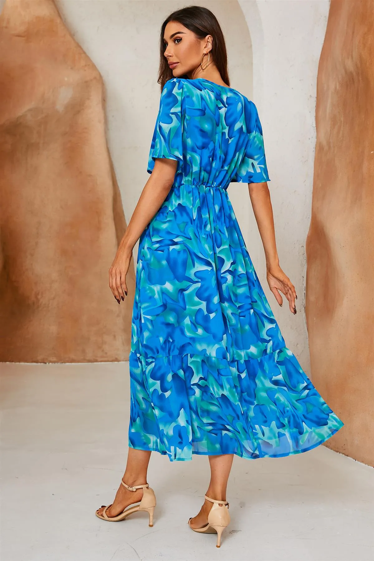 Abstract Floral Print Lace Detail Angel Sleeve Maxi Dress In Blue