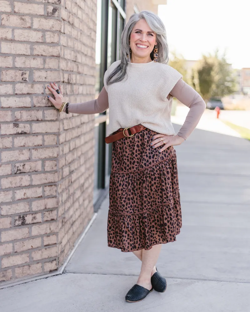 Animal Print Tiered Midi Skirt