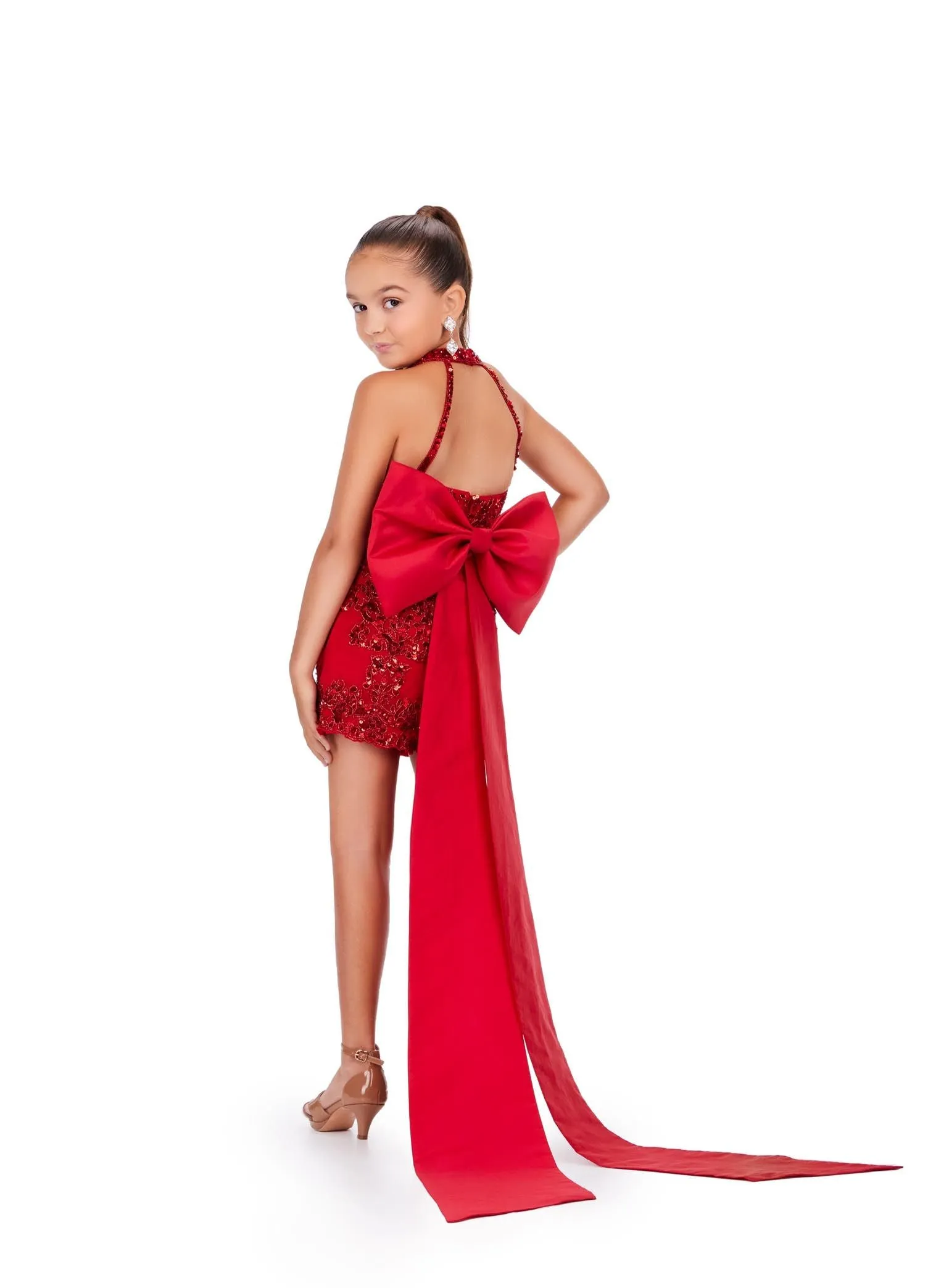 Ashley Lauren Kids 8231 Size 12 Red Fully Beaded Halter Neckline Oversized Removable Bow Romper