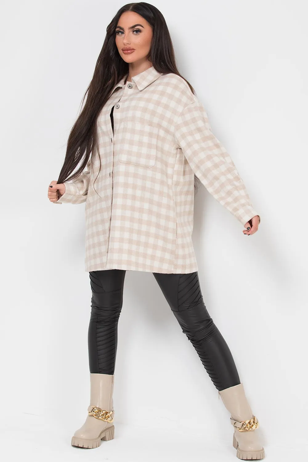 Beige Gingham Check Shacket Oversized