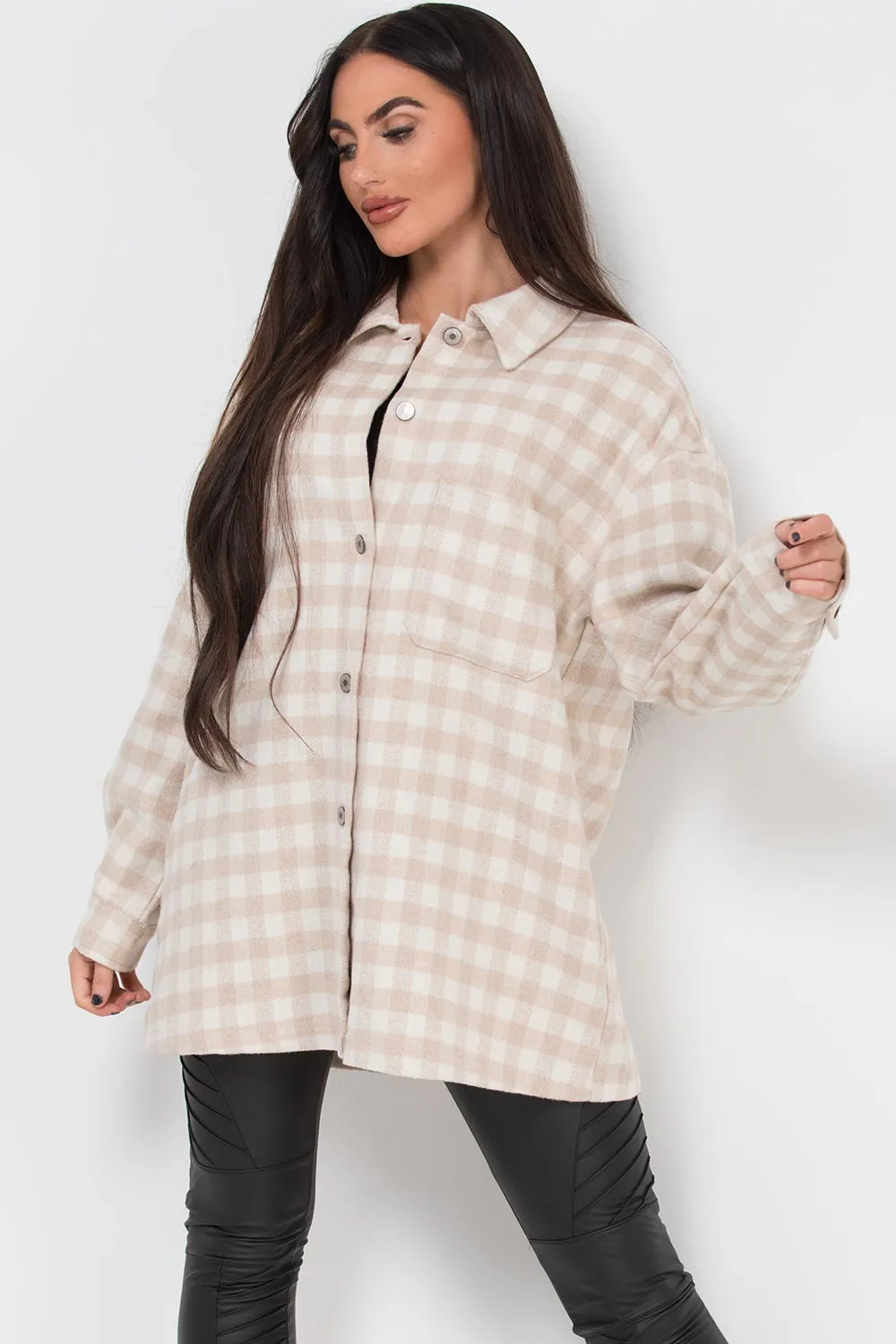 Beige Gingham Check Shacket Oversized