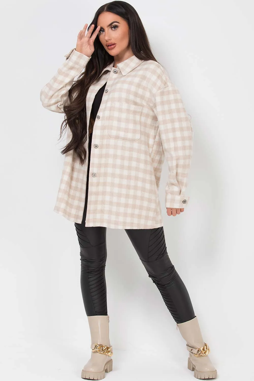 Beige Gingham Check Shacket Oversized