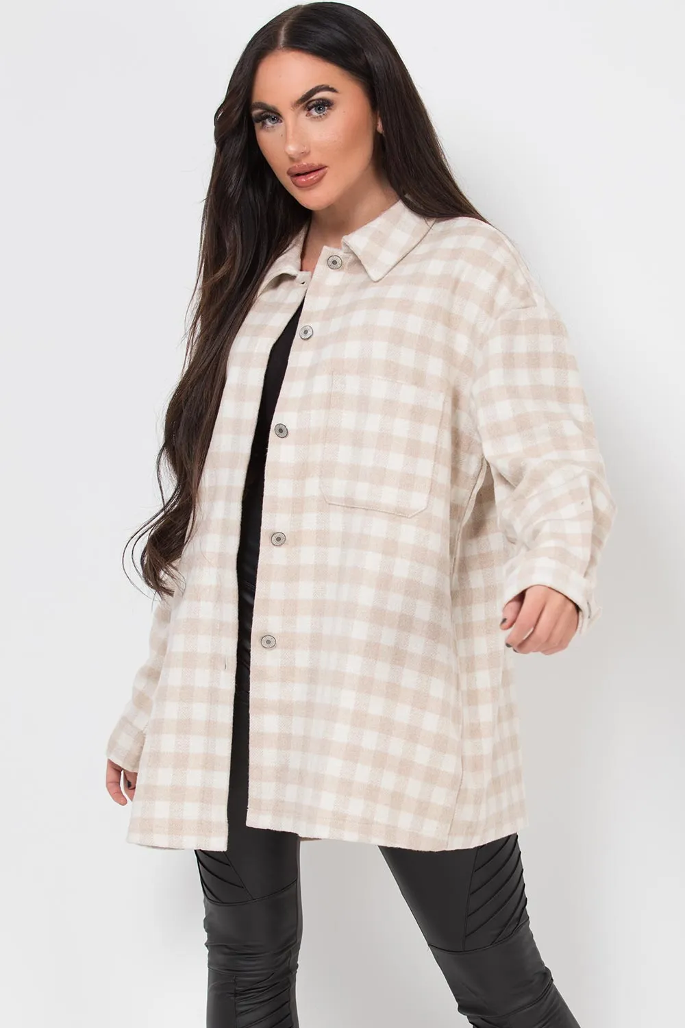 Beige Gingham Check Shacket Oversized