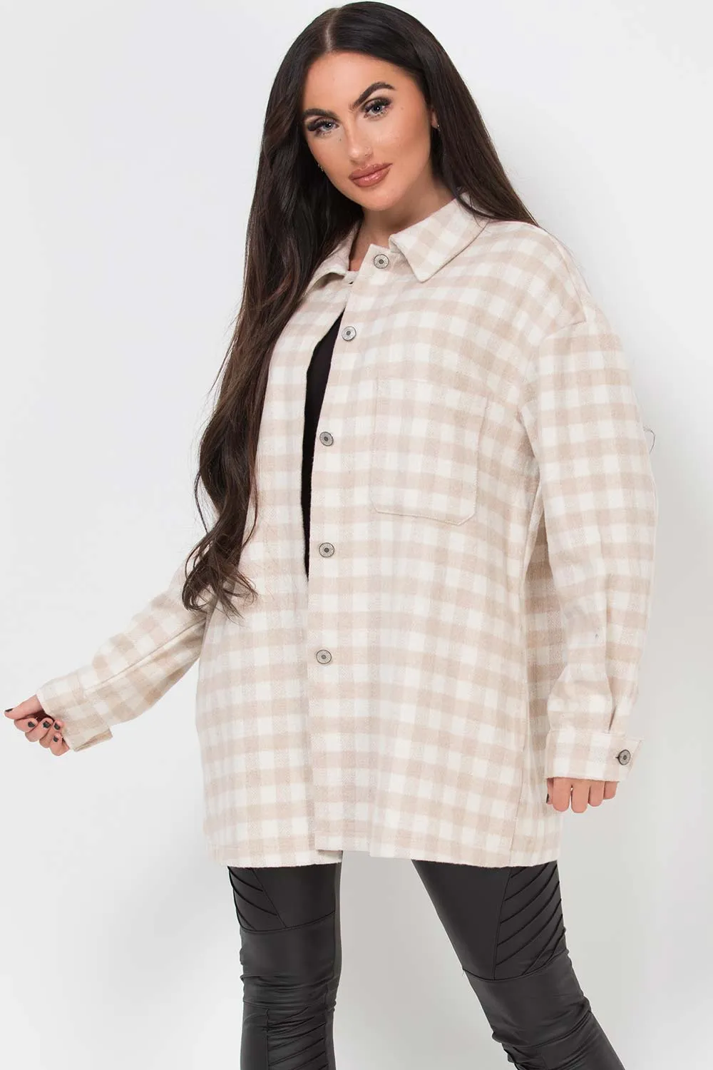 Beige Gingham Check Shacket Oversized