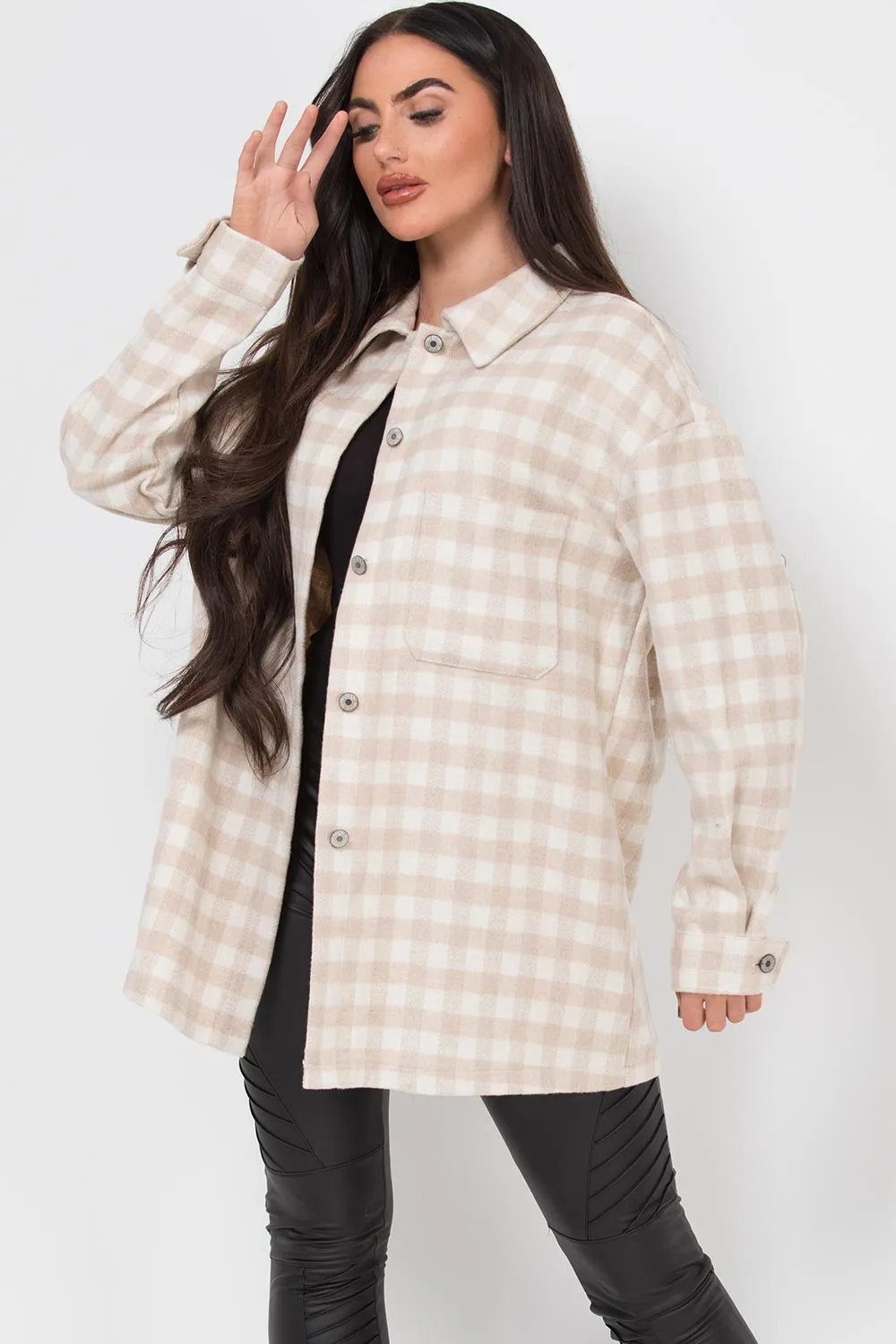 Beige Gingham Check Shacket Oversized