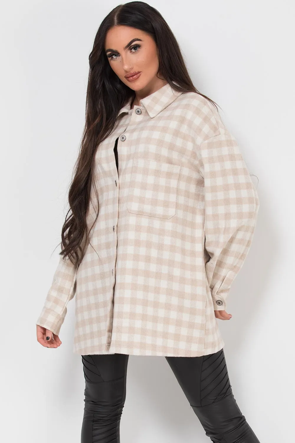 Beige Gingham Check Shacket Oversized