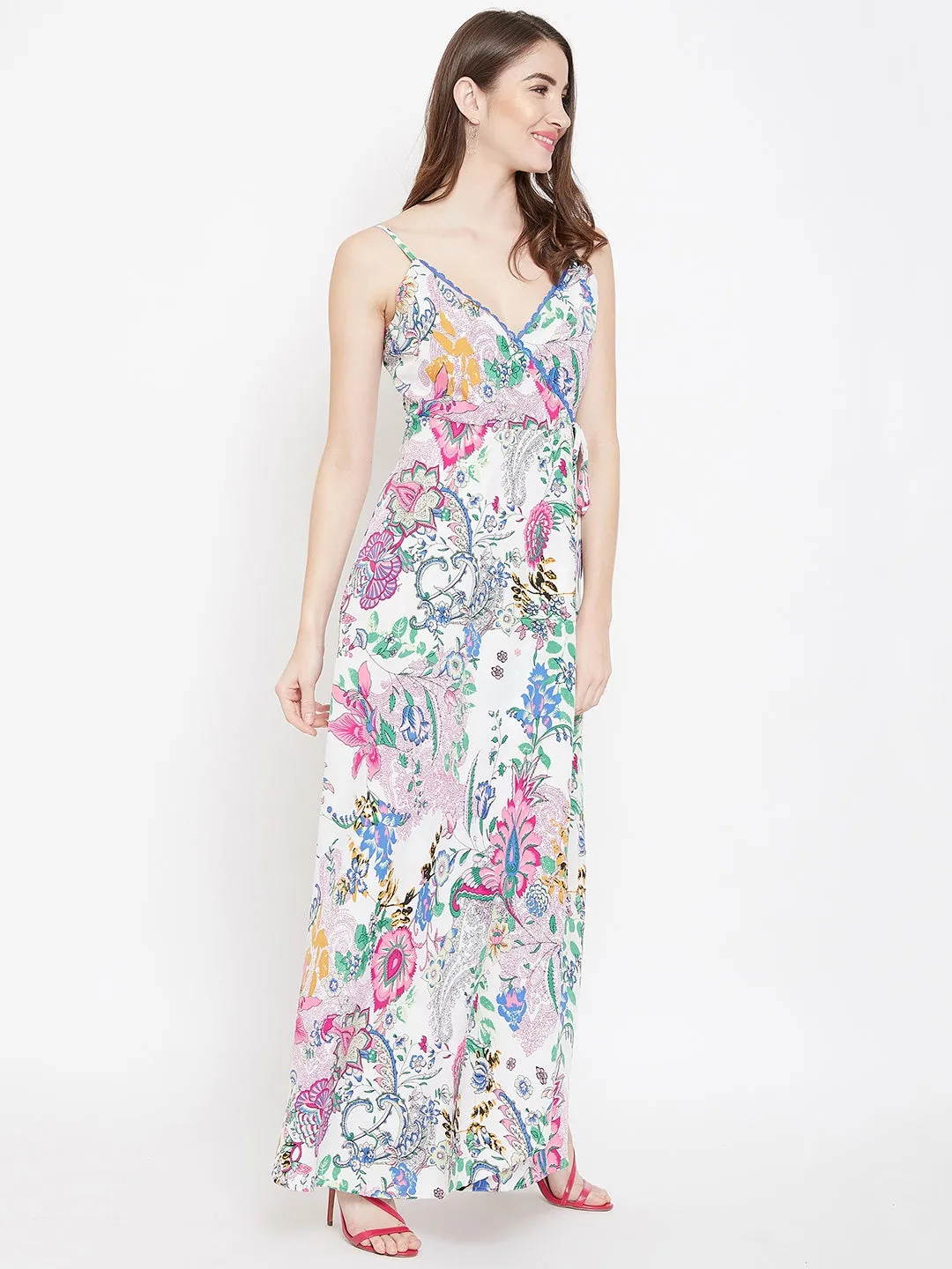 Berrylush Women Multicoloured Floral Printed V-Neck Side Tie-Up Wrap Maxi Dress