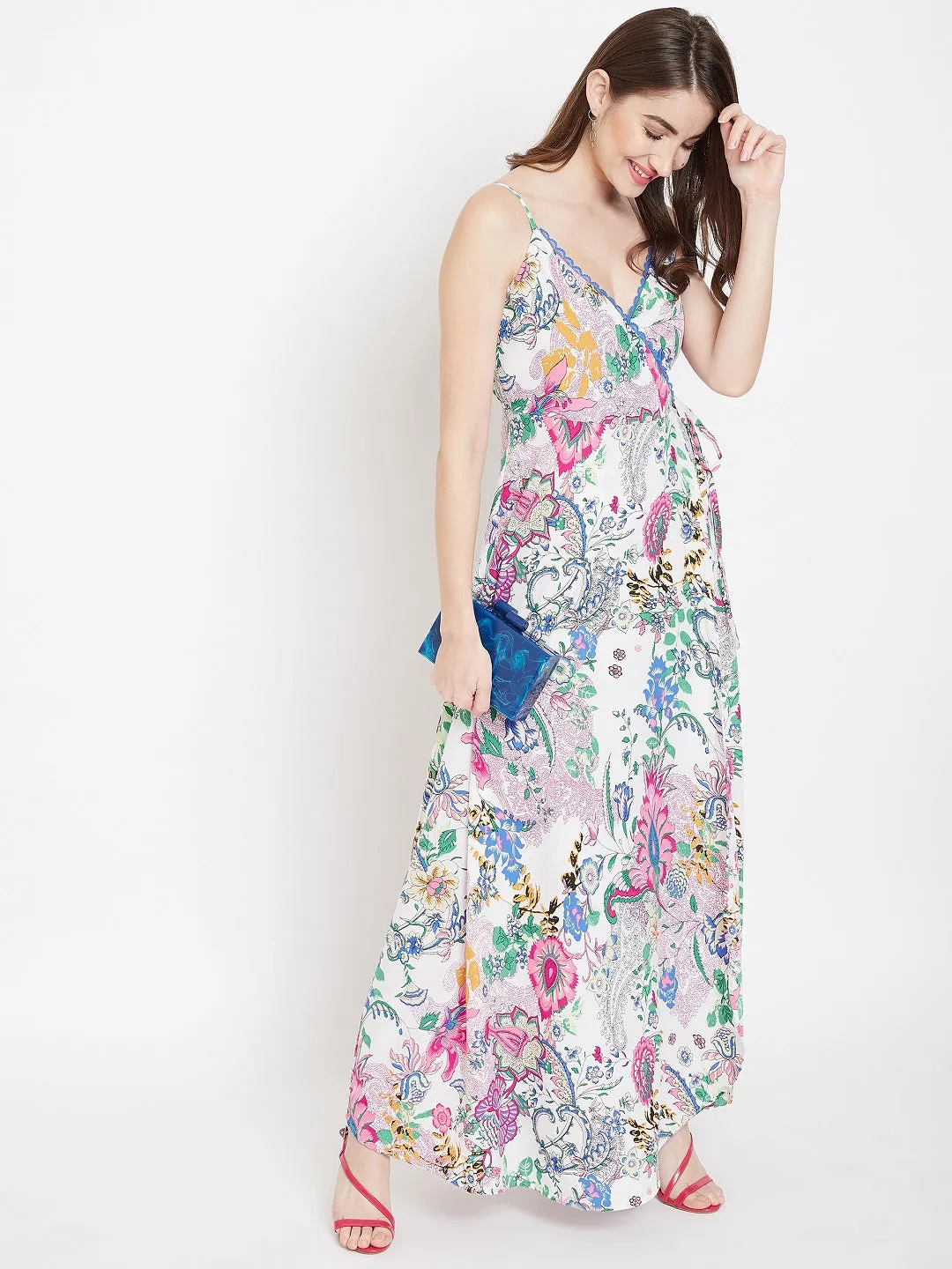 Berrylush Women Multicoloured Floral Printed V-Neck Side Tie-Up Wrap Maxi Dress