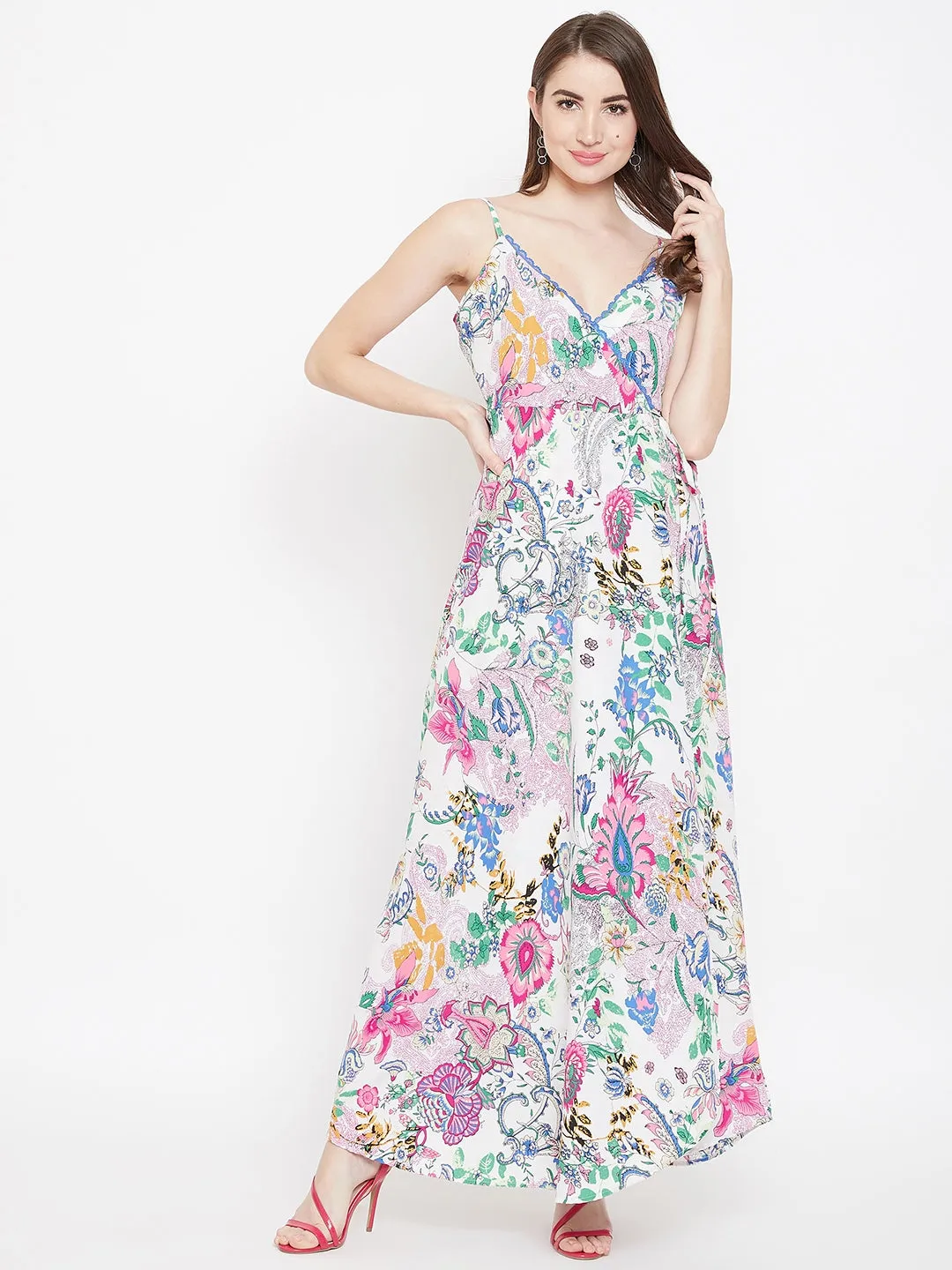 Berrylush Women Multicoloured Floral Printed V-Neck Side Tie-Up Wrap Maxi Dress