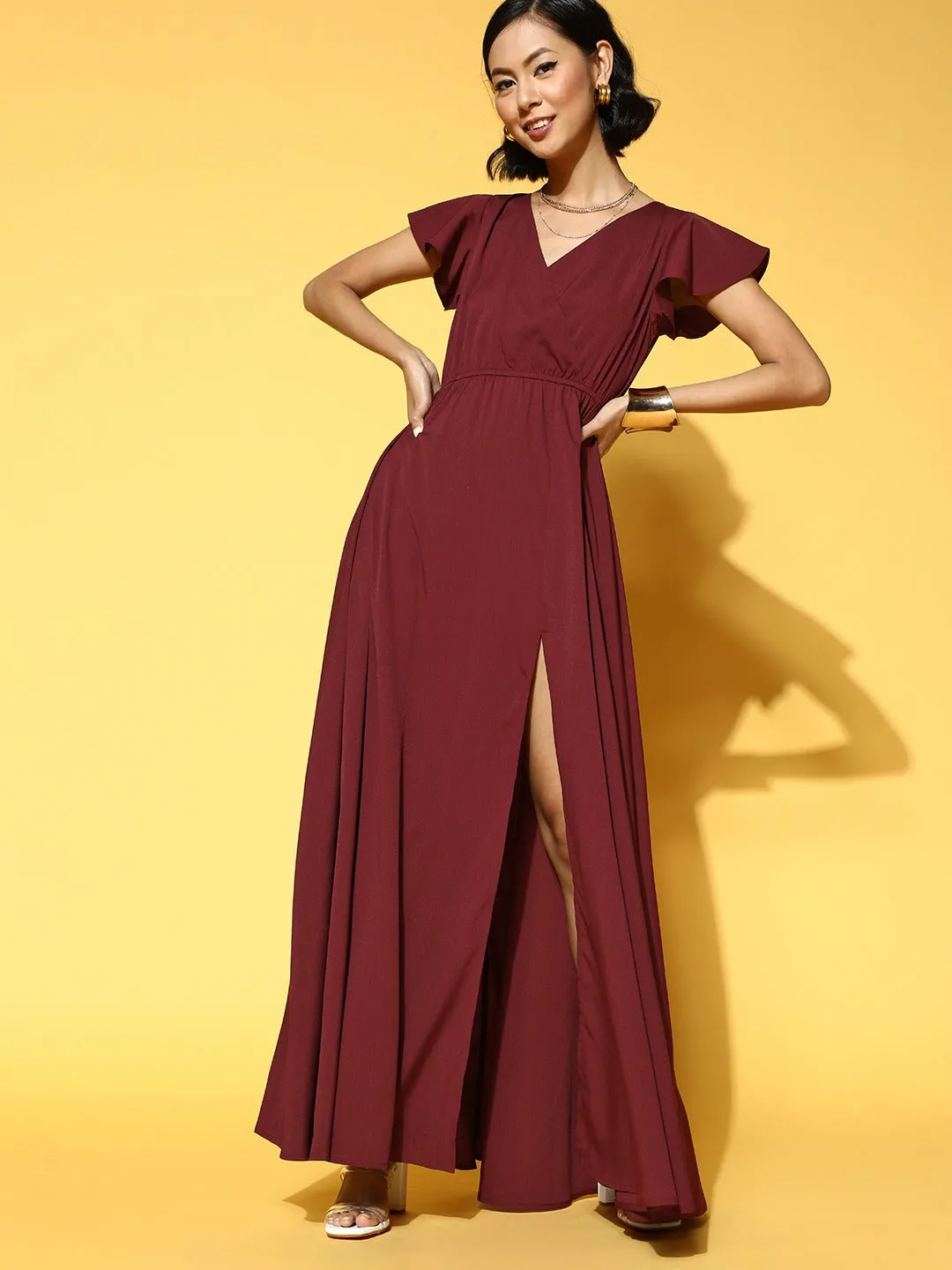 Berrylush Women Solid Maroon V-Neckline Maxi Dress