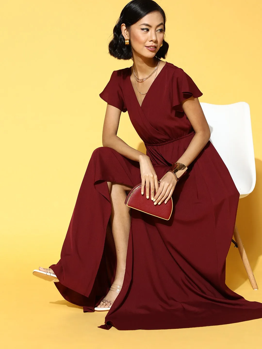 Berrylush Women Solid Maroon V-Neckline Maxi Dress