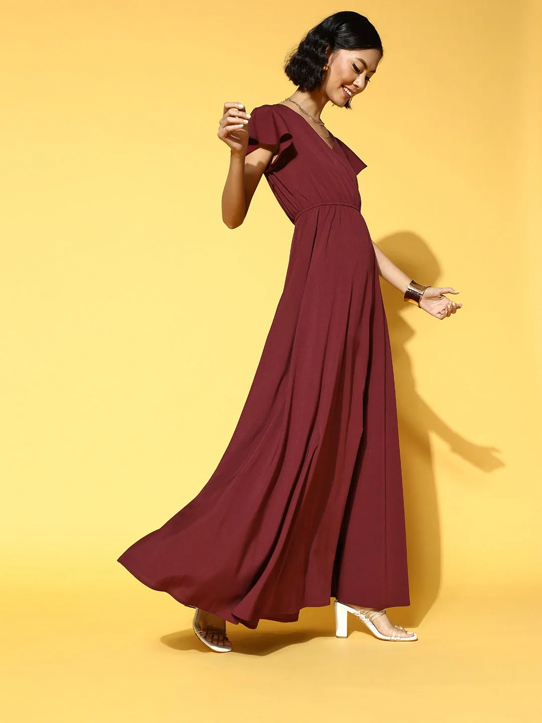 Berrylush Women Solid Maroon V-Neckline Maxi Dress