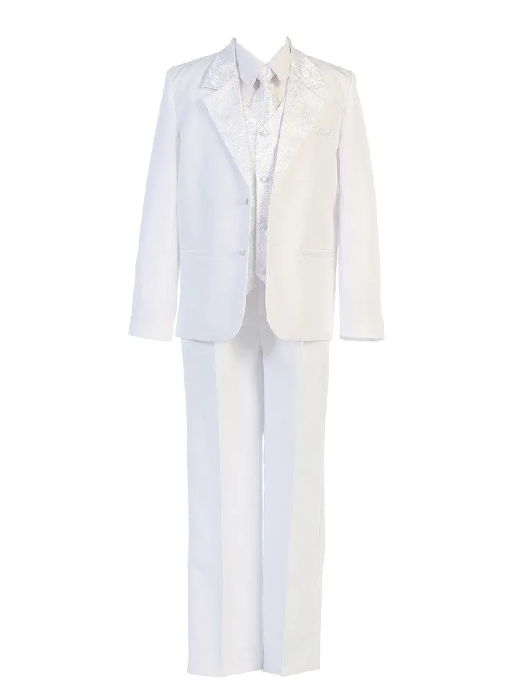 Big Boys White Brocade Jacket Pants Vest Tie Shirt Suit 8-20