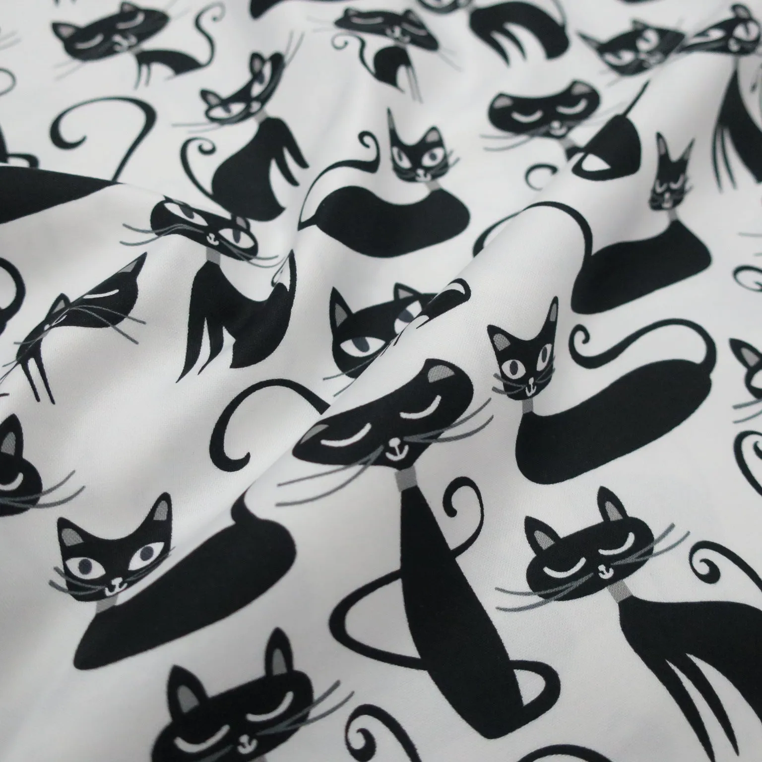 Black and White Whiskers and Tails Printed Cotton