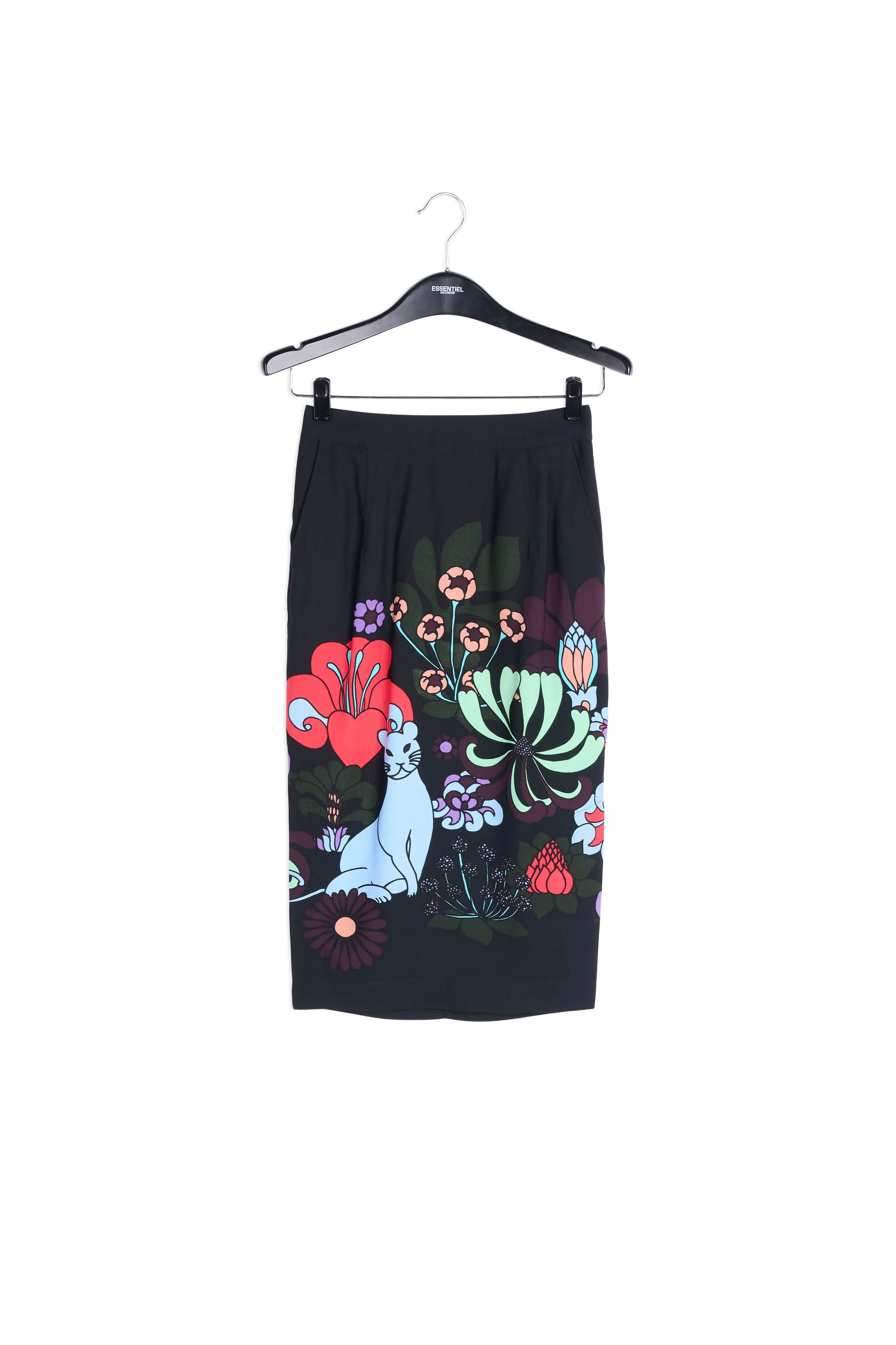 Black brush skirt with cat and flower print