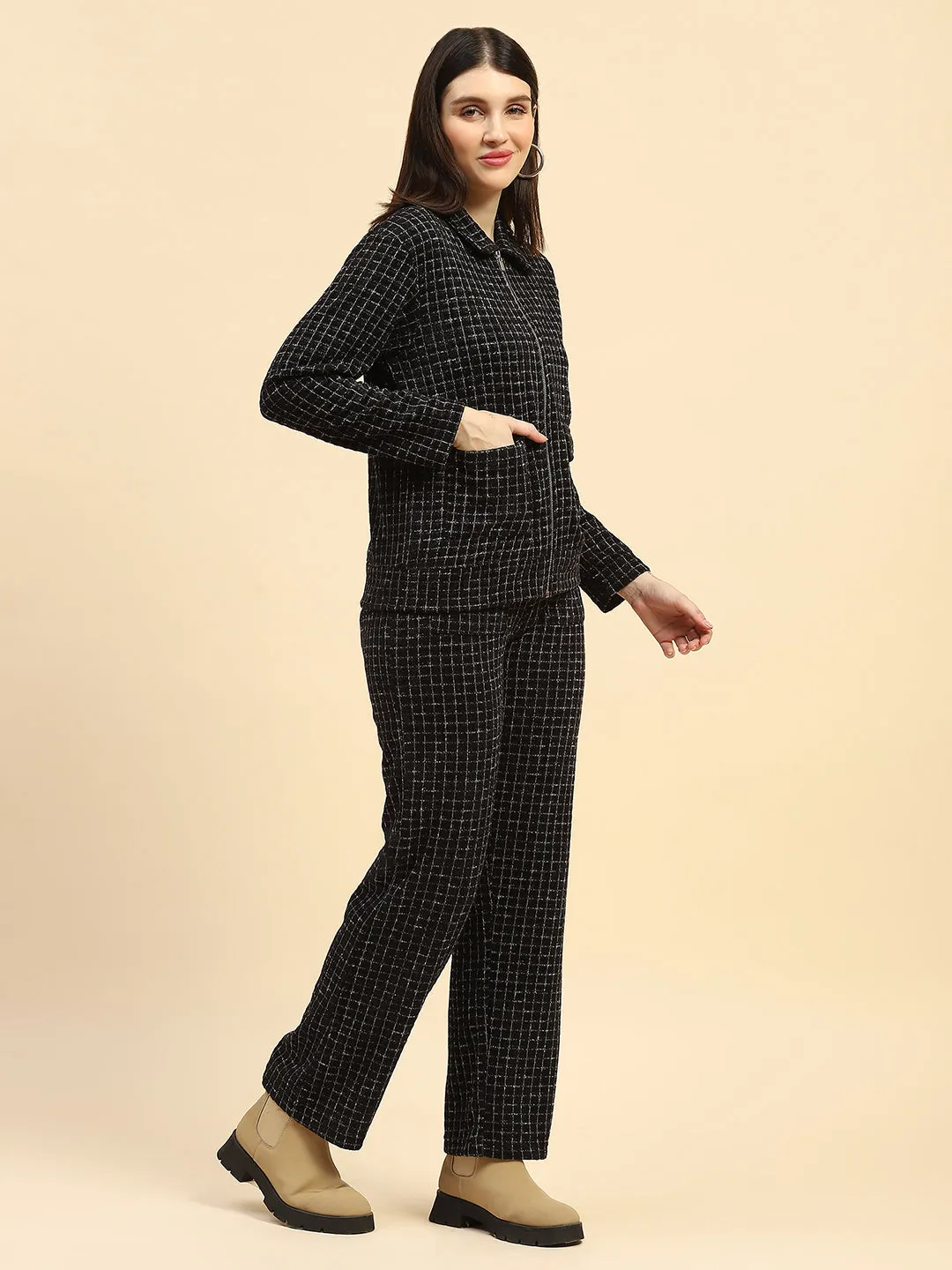 Black Checkerd Poly Blend Relaxed Fit Co ord Set