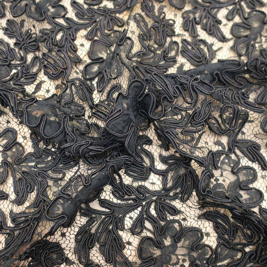 Black Floral Corded Design on Black Tulle Fashion Lace