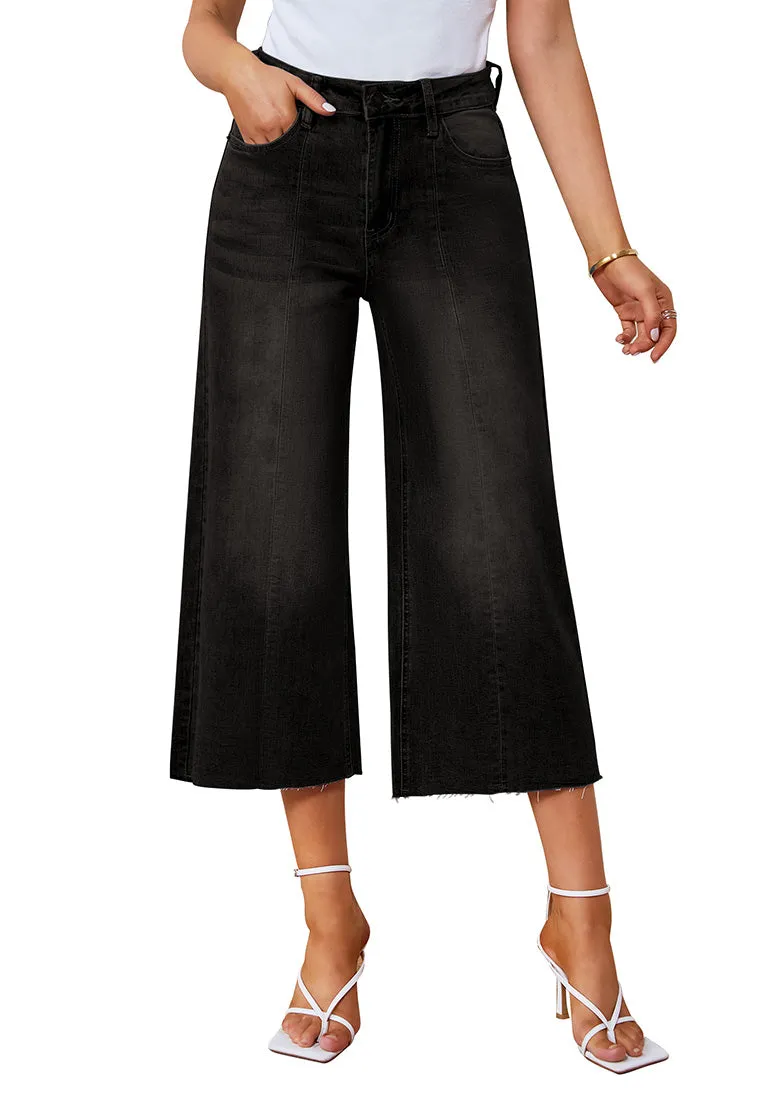 Black Women's High Waisted Denim Capri Pants Seamed Front Raw Hem