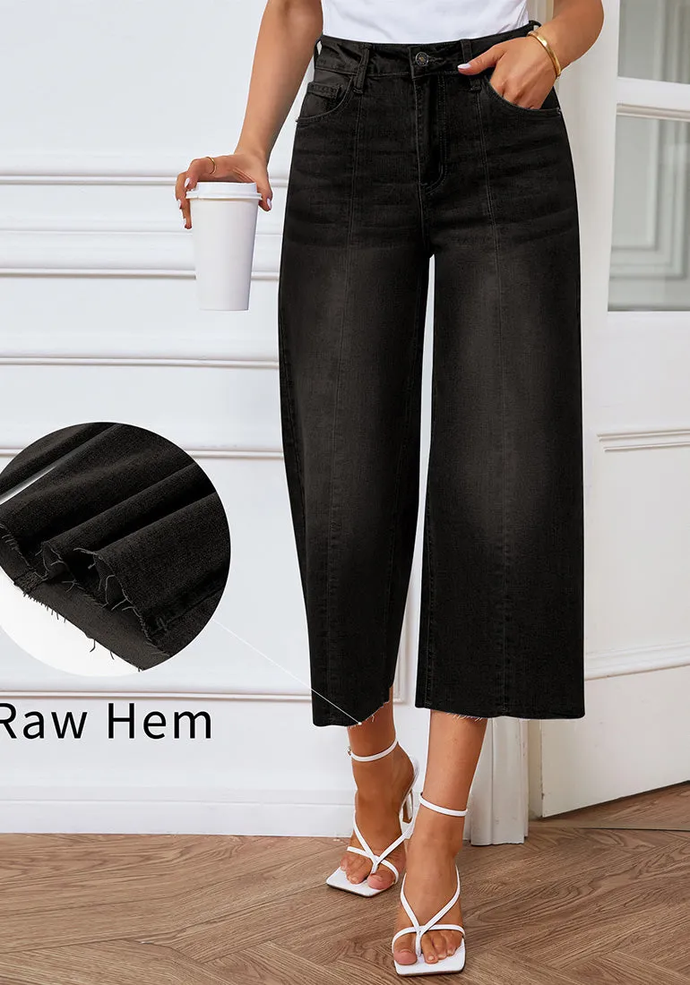 Black Women's High Waisted Denim Capri Pants Seamed Front Raw Hem