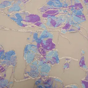 Blue And Purple Floral Textured Brocade Fabric