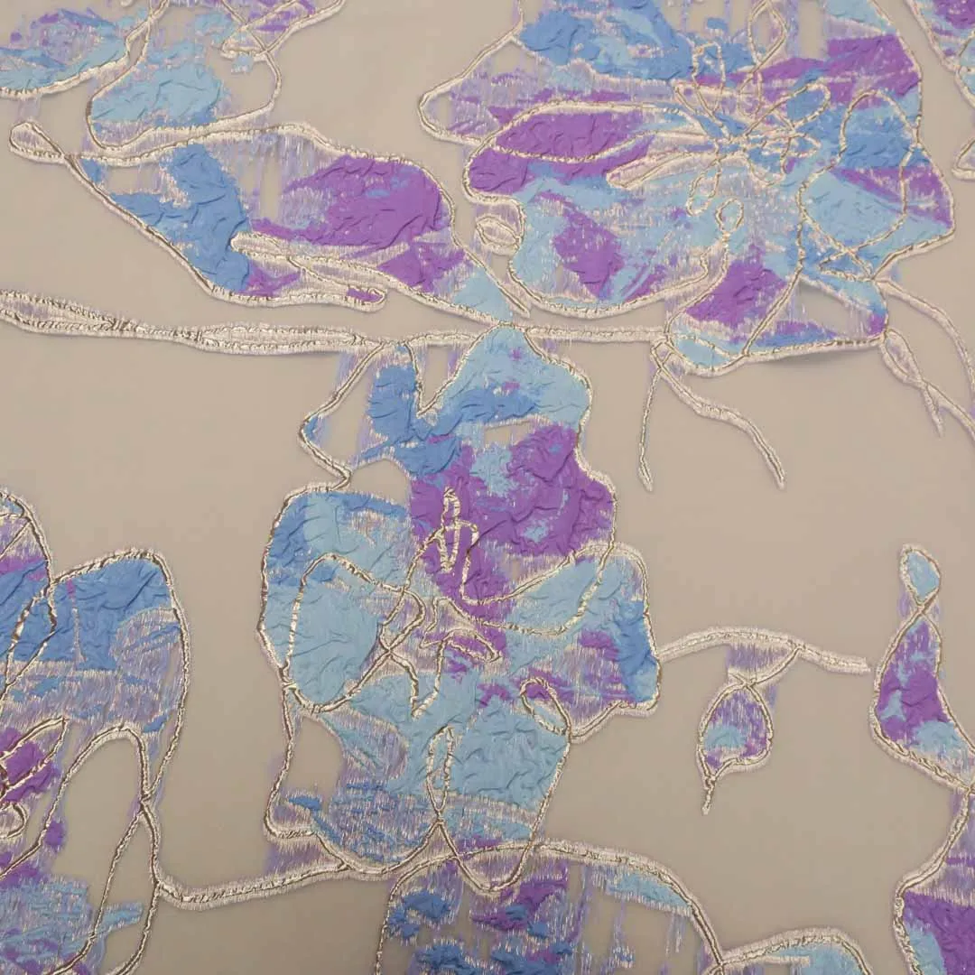 Blue And Purple Floral Textured Brocade Fabric