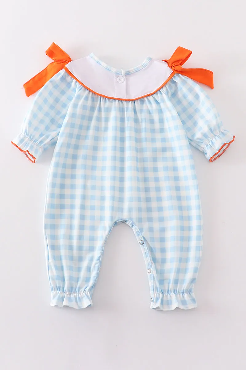 Blue plaid halloween embroidery girl romper