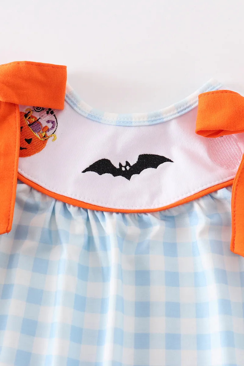 Blue plaid halloween embroidery girl romper