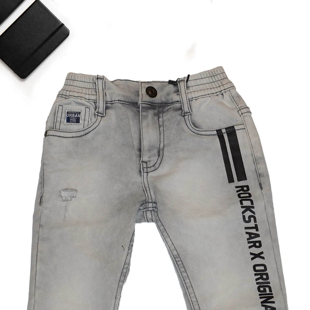 Boys Light Grey Printed and Distressed Jeans