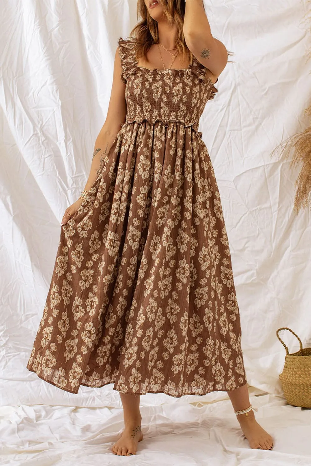 Brown and White Floral Smocked Maxi Dress