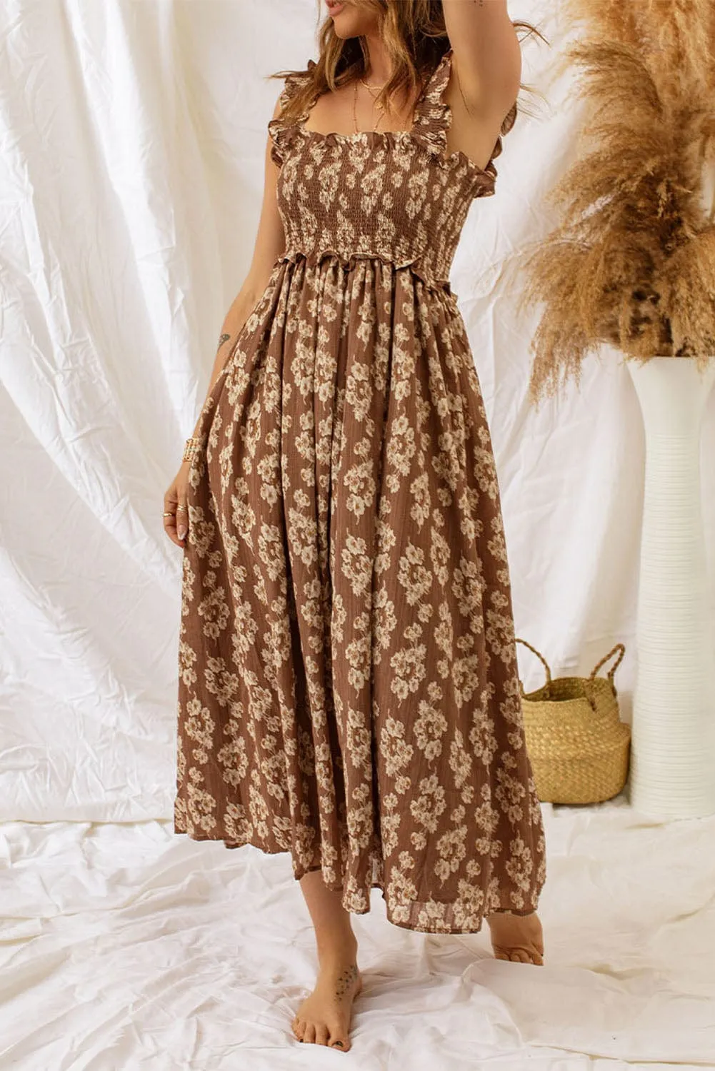 Brown and White Floral Smocked Maxi Dress