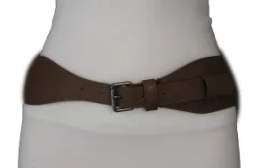 Brown Black Elastic Stretch Back Band Hip High Waist Belt Metal Buckle Size S M