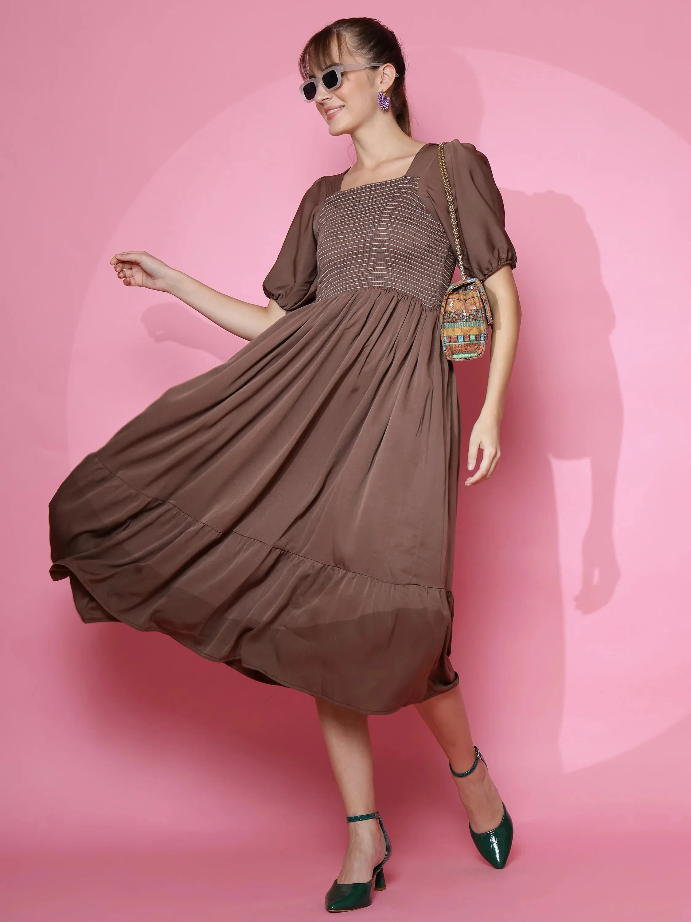 Brown Solid A-Line Midi dress