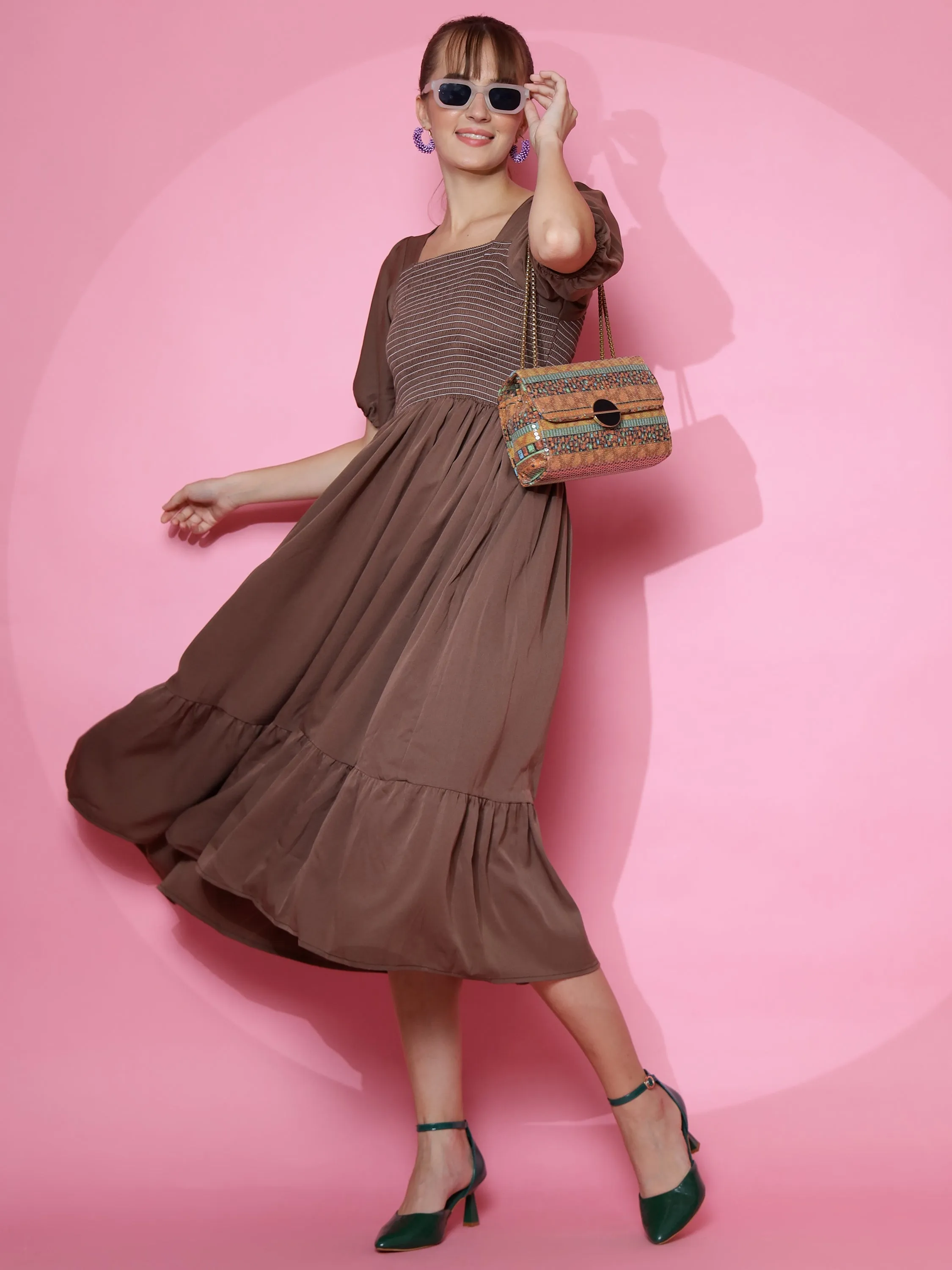 Brown Solid A-Line Midi dress