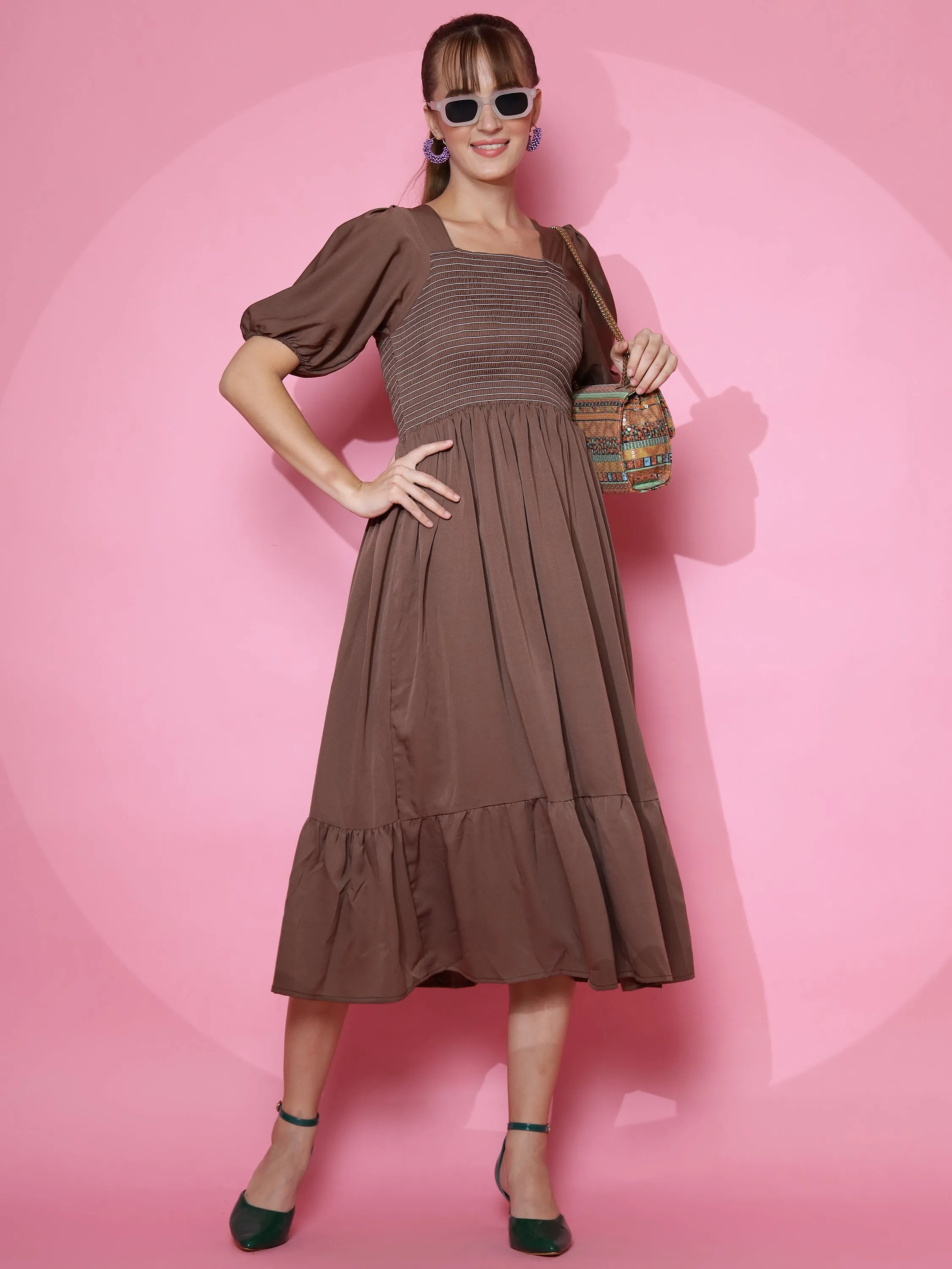 Brown Solid A-Line Midi dress