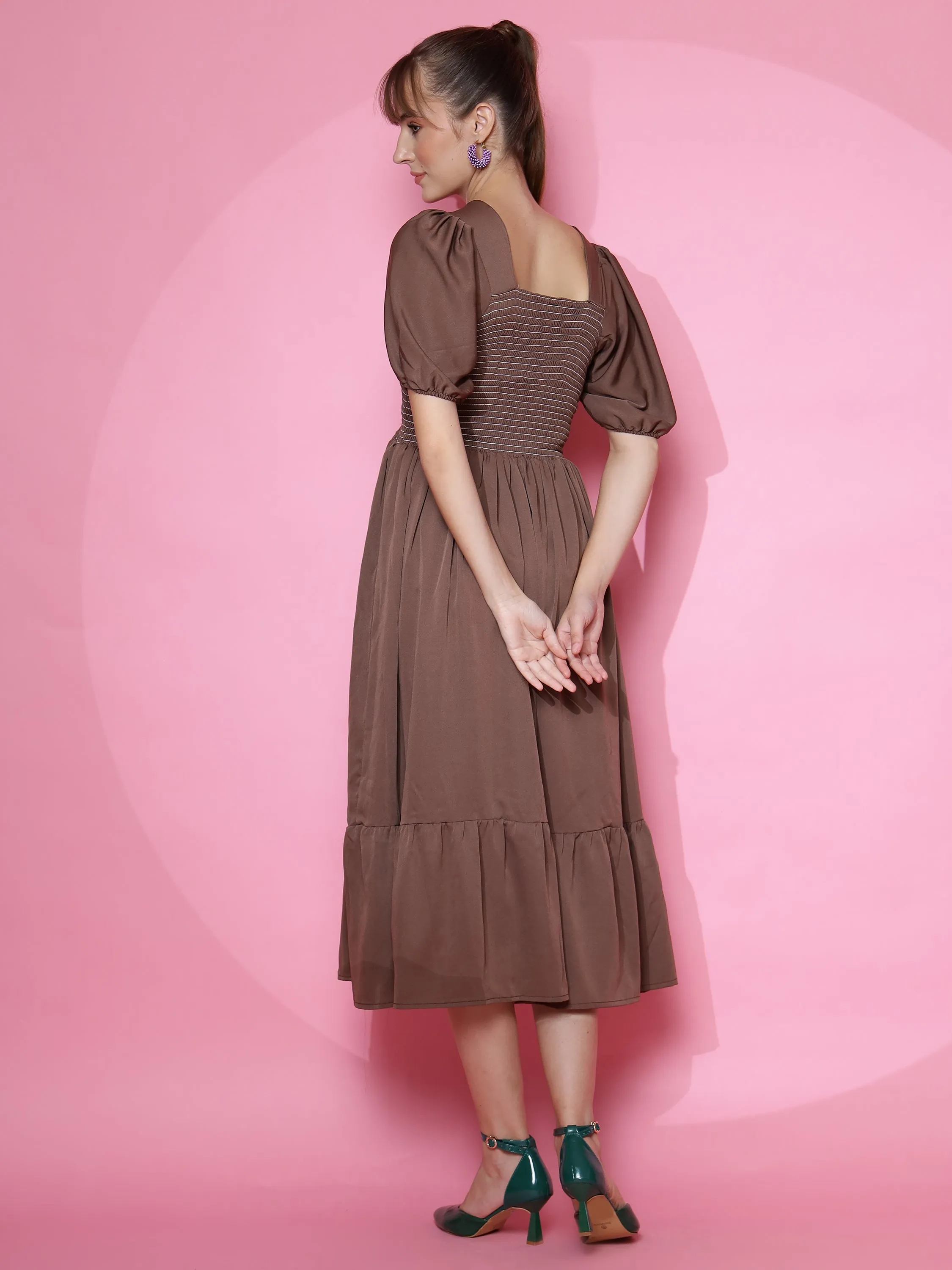 Brown Solid A-Line Midi dress