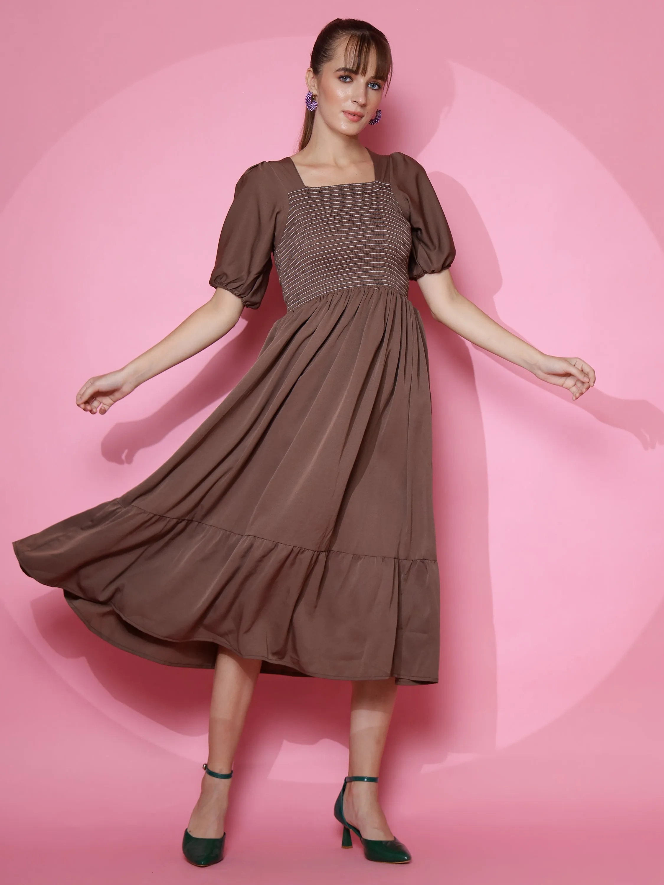 Brown Solid A-Line Midi dress