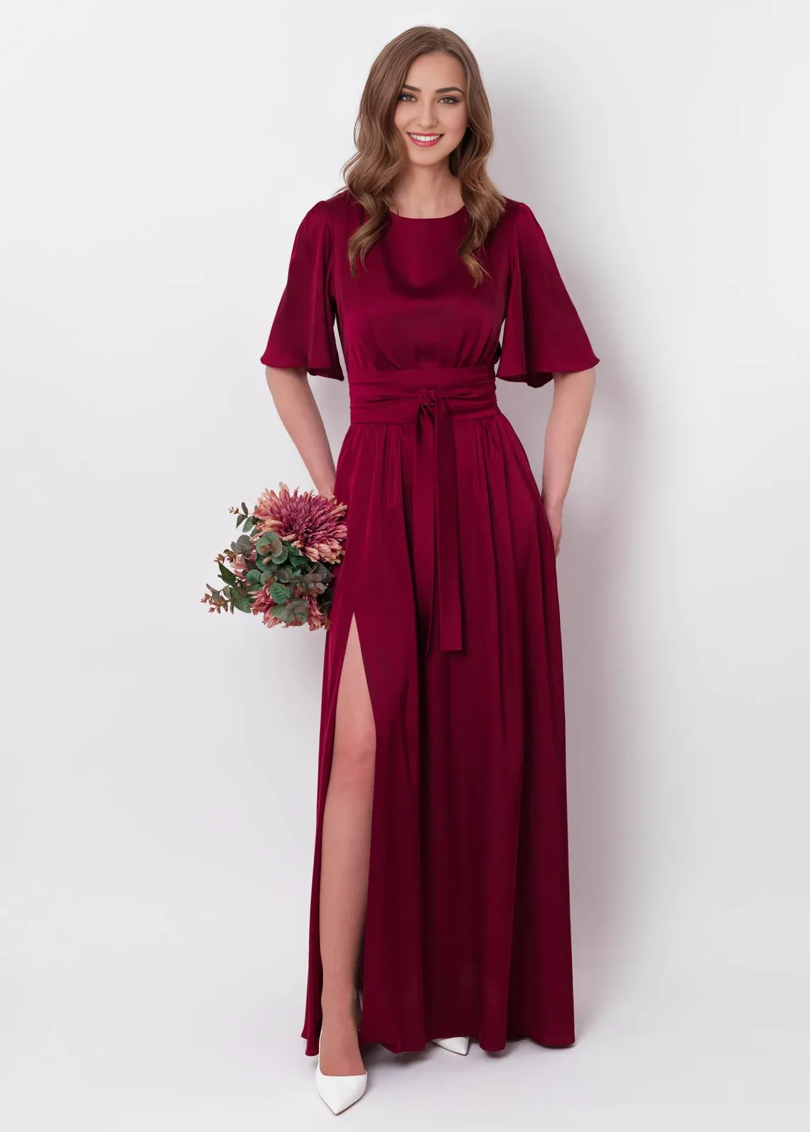 Burgundy Silk  Maxi Dress With Belt Long Slit Bridesmaid Dress Wedding Guest Dress