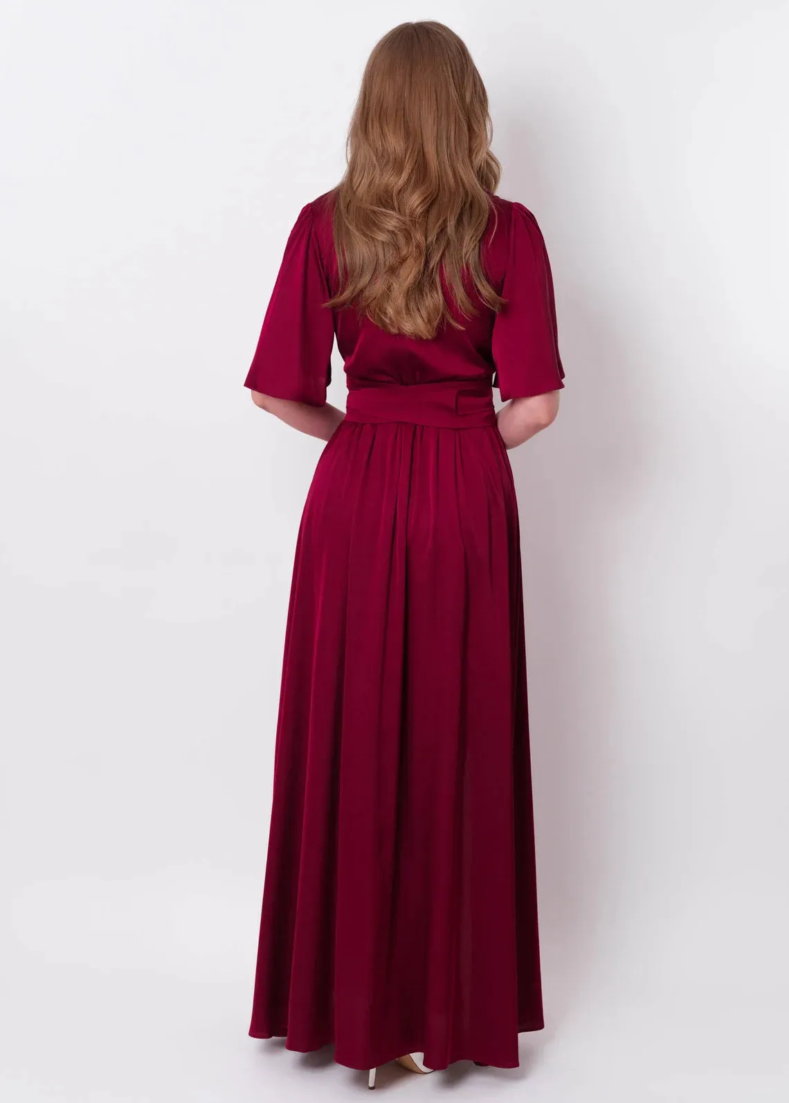 Burgundy Silk  Maxi Dress With Belt Long Slit Bridesmaid Dress Wedding Guest Dress