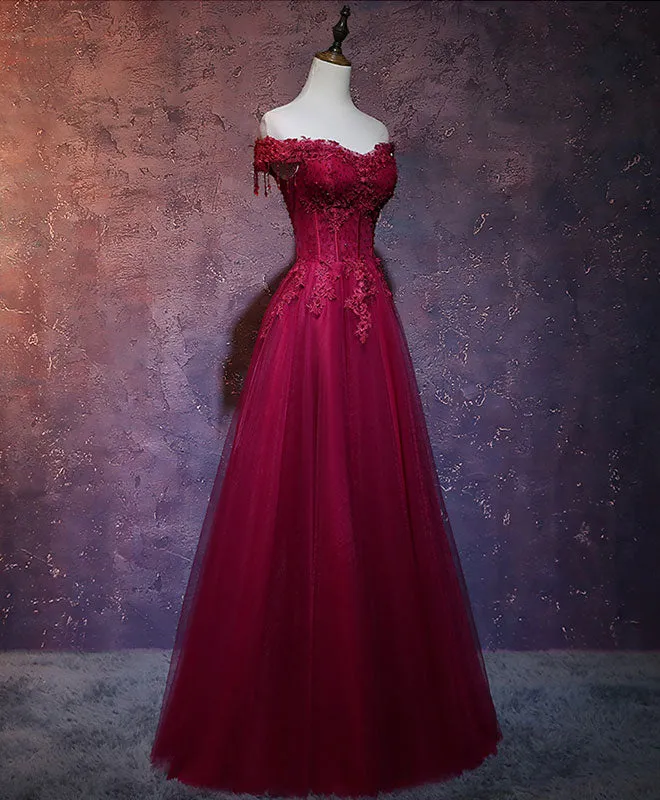 Burgundy Tulle Lace Off Shoulder Long Prom Dress Burgundy Lace Evening Dress