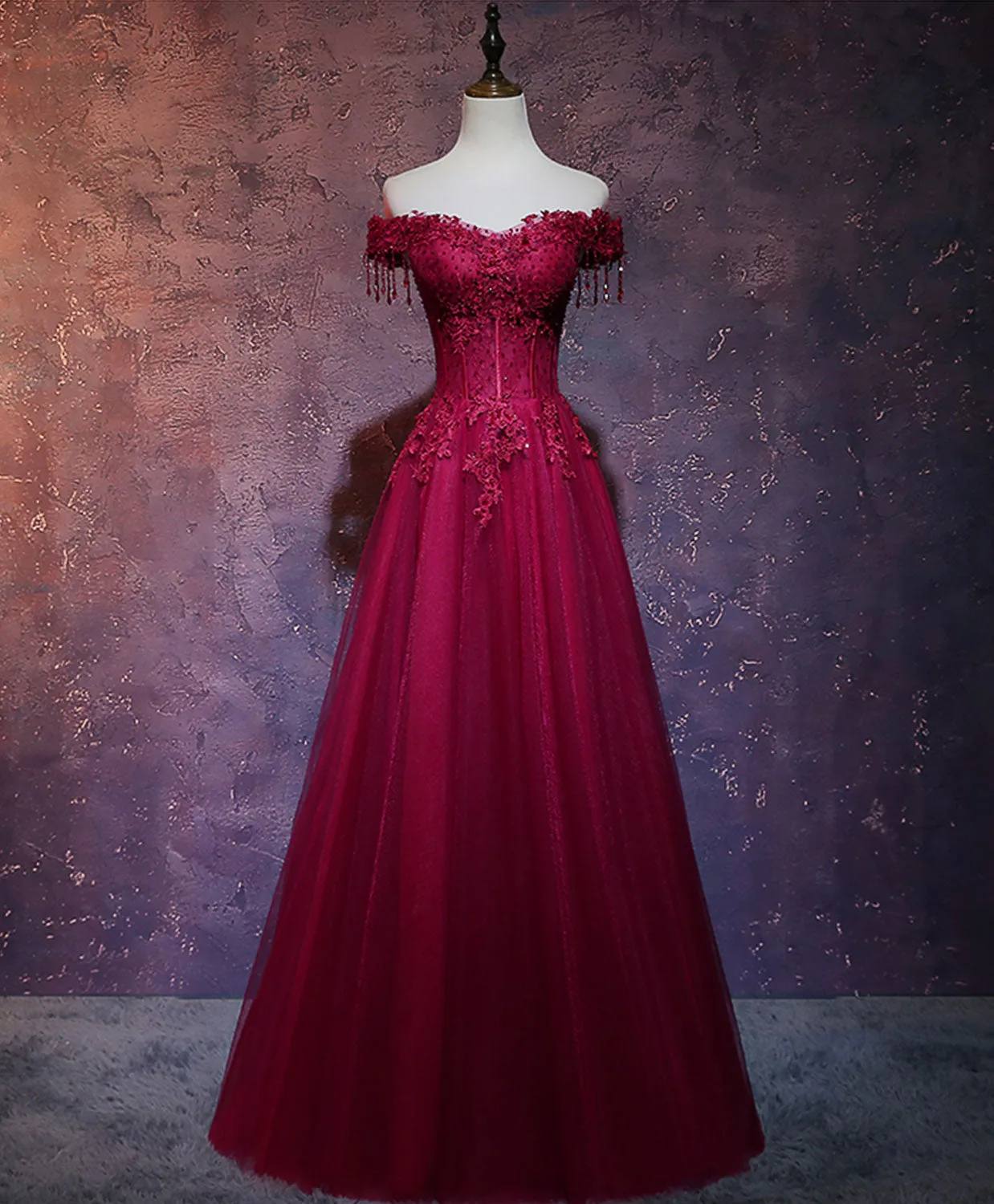 Burgundy Tulle Lace Off Shoulder Long Prom Dress Burgundy Lace Evening Dress